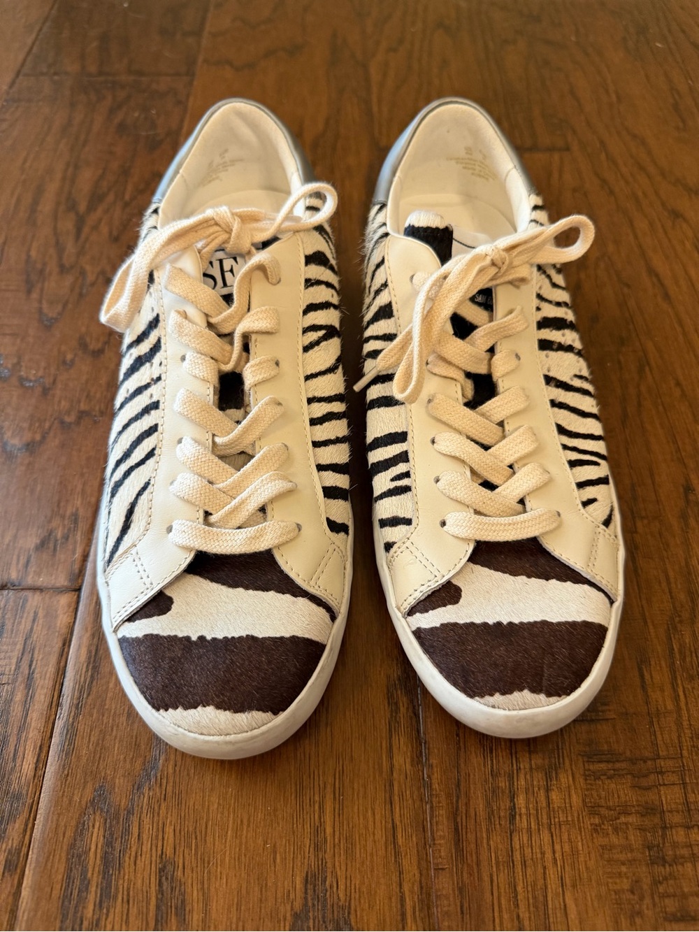 Sam Edelman Aubrie Zebra Print Cow Hair Lace-Up Sneakers White & Brown Size 8